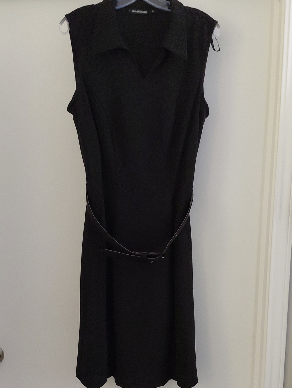 Nina Leonard Black Sleeveless Collared Midi Dress with Belt